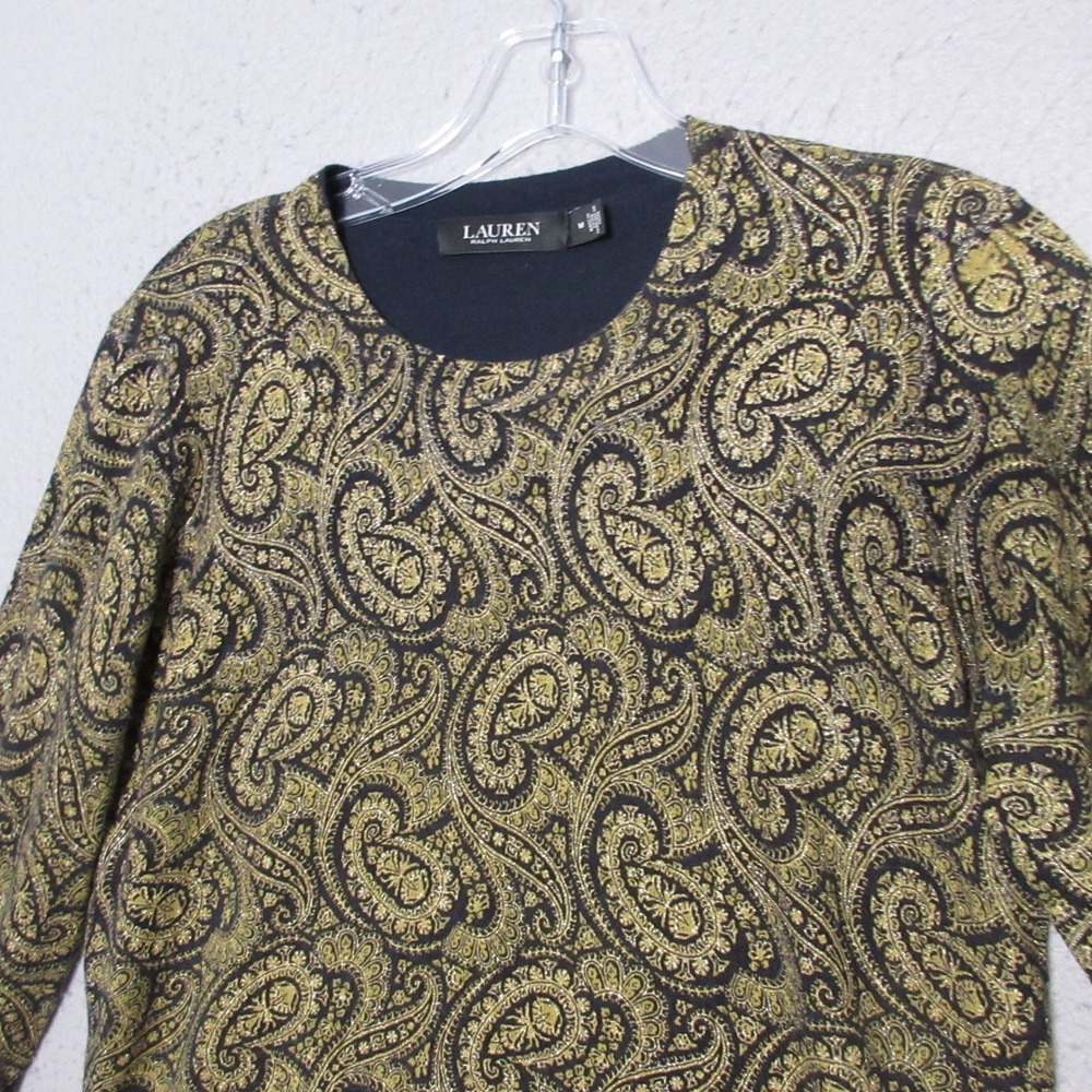 Lauren Ralph Lauren Sweater M Paisley Metallic Gold Black Holiday Party Classic